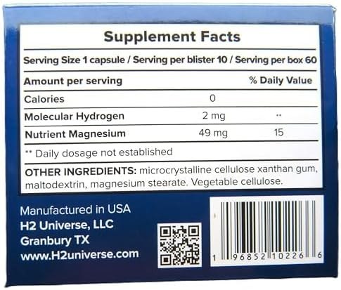 True Nano H₂ Supplement Facts panel: 2mg molecular hydrogen and 49mg magnesium per capsule, 60 capsules per box